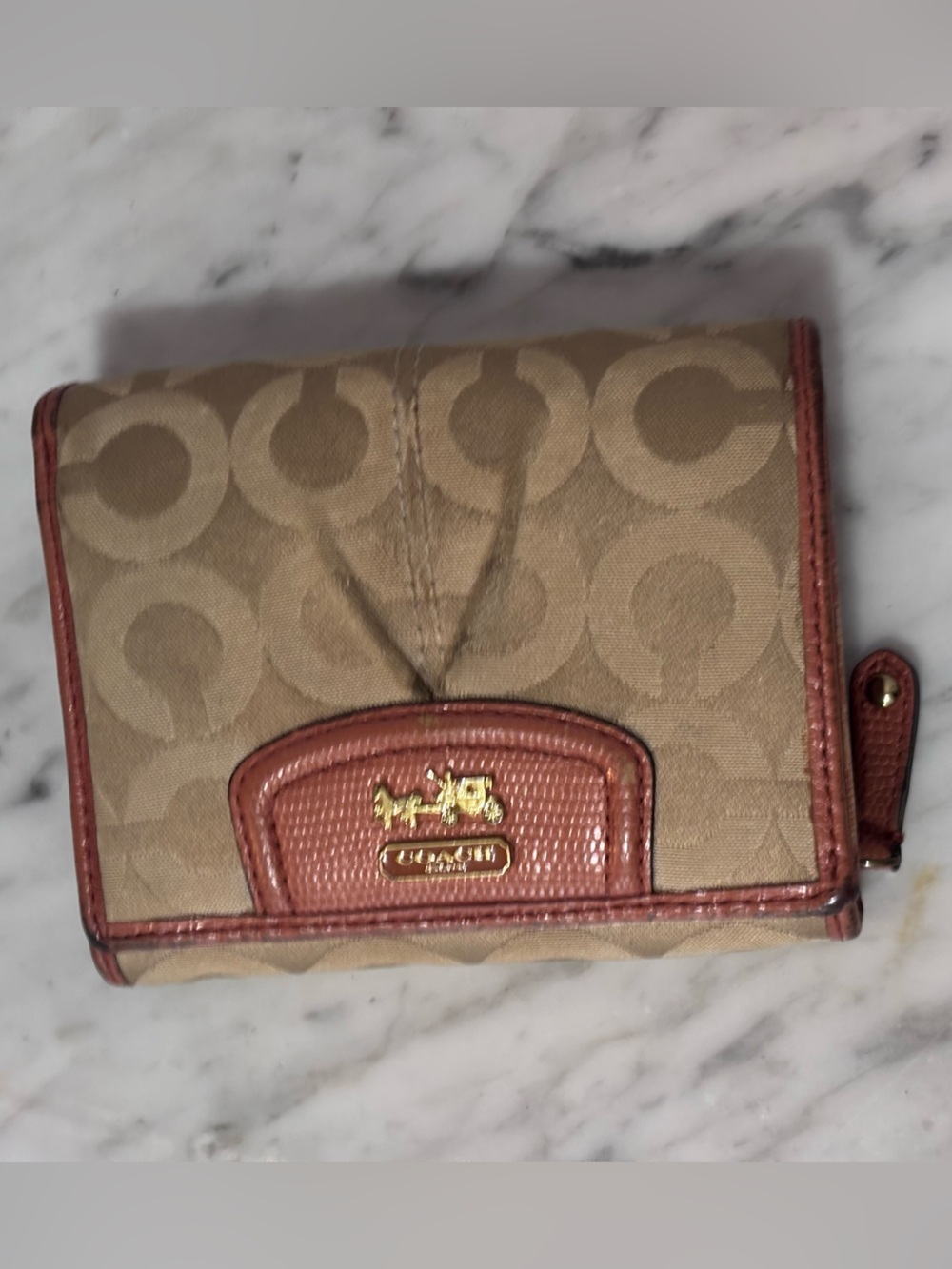 Coach Signature Compact Wallet Khaki Jacquard Coral Trim Wallet